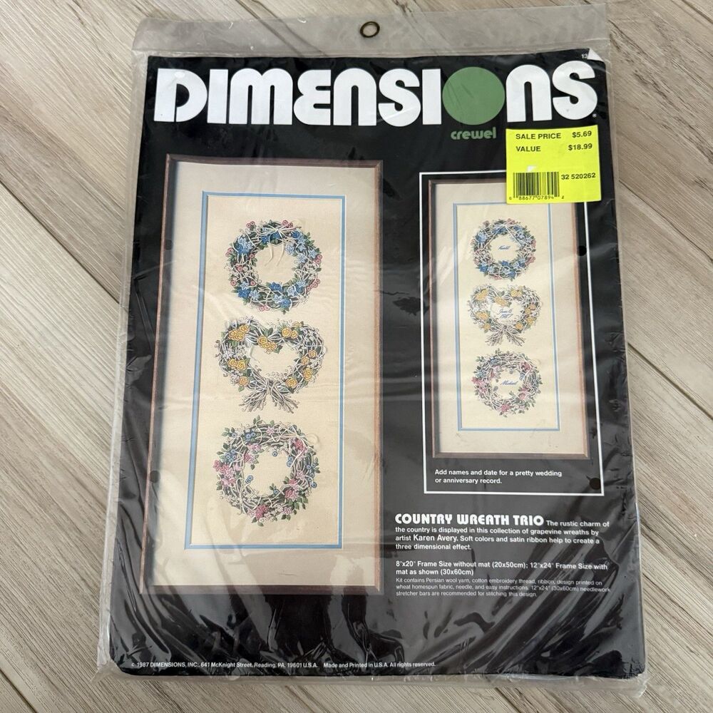Dimensions Crewel Kit, Country Wreath Trio, #1332 Hearts 1987 Vintage New Sealed